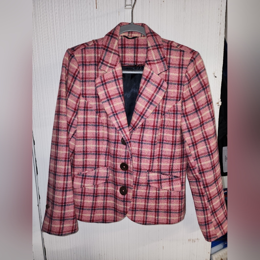 BODEN. Pink Plaid Blazer with Button Details